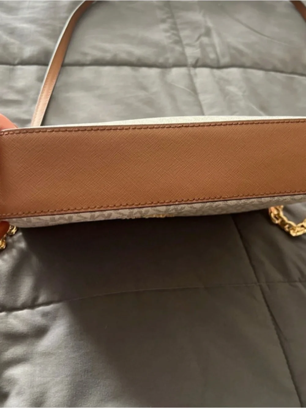 Michael Kors women Beige MK Logo Messenger Bag with Tan Trim